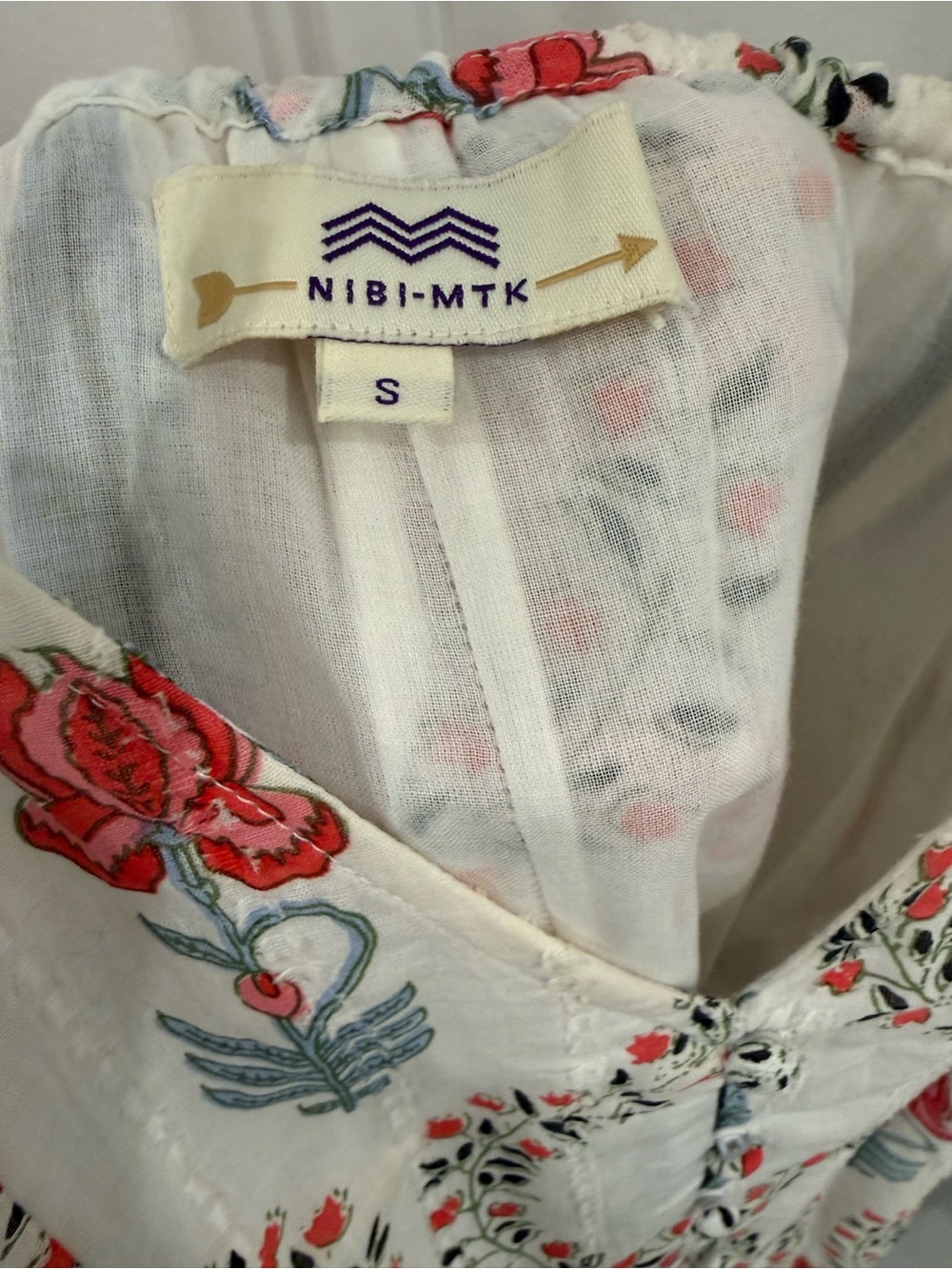 NIBI-MTK Block Print Floral Mini Dress Ivory Red Blue Montauk Resort S - Picture 3 of 4
